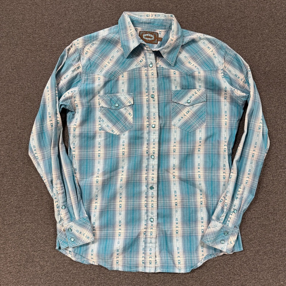 VIntage Cowgirl Hardware Western Shirt Womens L Turquoise Good Pearl Snap Plaid
